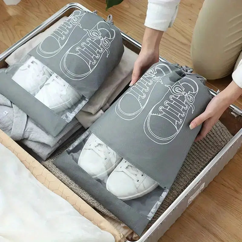Shoe Storage Bag Dust-proof Waterproof Transparent Non Woven Fabric Shoe Tote Drawstring Packaging Organizer For Travel - pack of 5