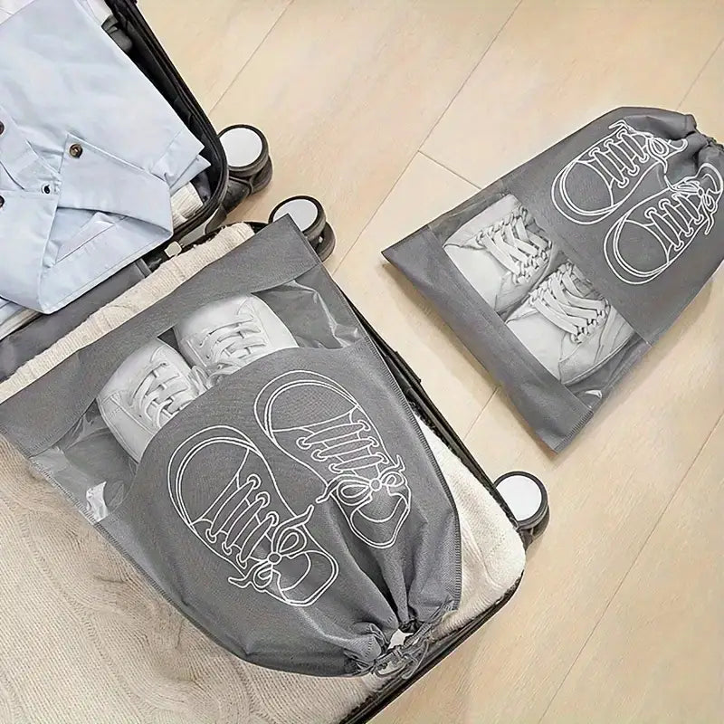 Shoe Storage Bag Dust-proof Waterproof Transparent Non Woven Fabric Shoe Tote Drawstring Packaging Organizer For Travel - pack of 5